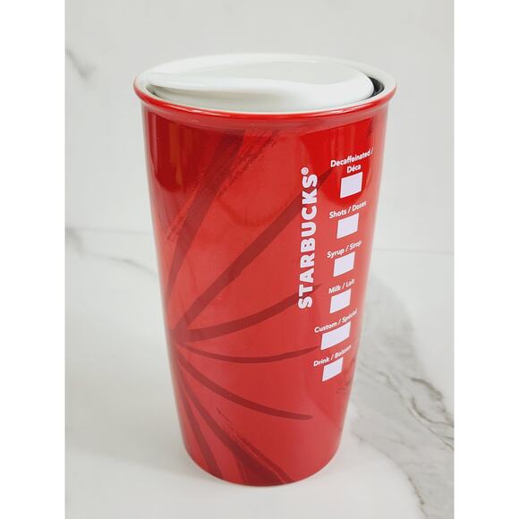 Starbucks Red Tall Travel Coffee Mug Tumbler Holiday 12oz Ceramic 6" Double Wall - Picture 5 of 14